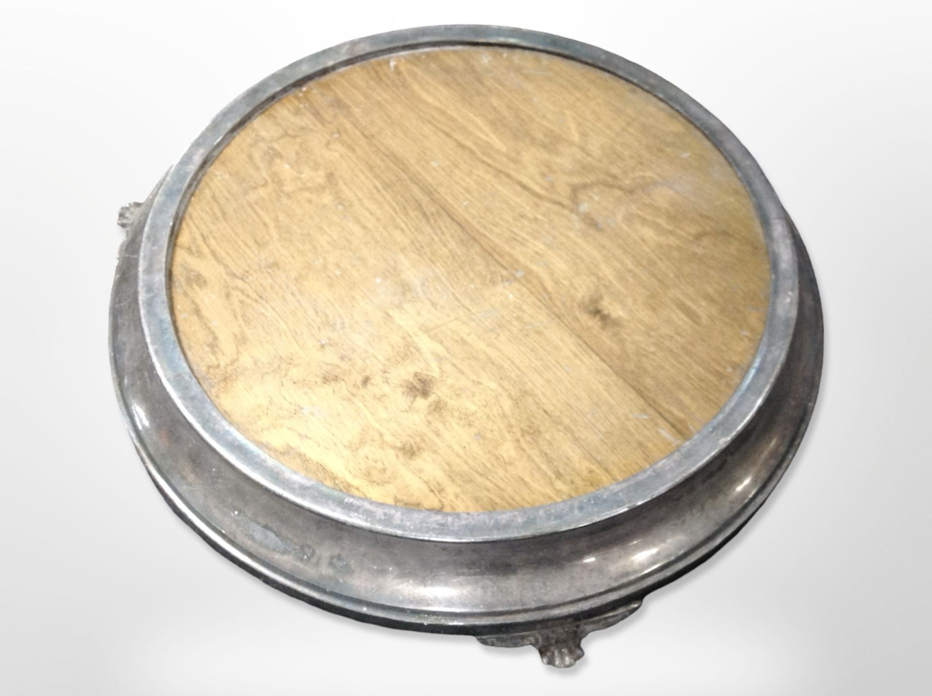 A large silver-plated circular cake stand, as found, diameter 64cm.