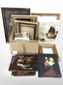 A group of oil paintings, Pears soap print, several antique gilt picture frames, etc.