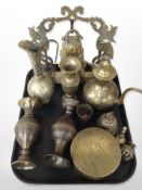 A group of Indian engraved and enamelled brass wares, hand bells,