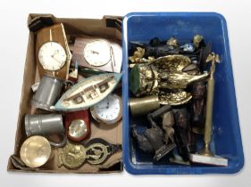 A group of quartz mantel clocks, carved wooden busts, brass items, gilt gesso figure of an eagle,