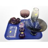 A group of glass paperweights, vase, oversized goblet, Scottish glass bowl, etc.