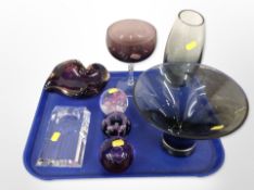 A group of glass paperweights, vase, oversized goblet, Scottish glass bowl, etc.