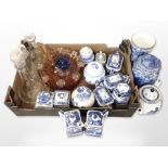 A group of Ringtons blue and white caddies, jugs and teapots, three glass decanters, paperweight,
