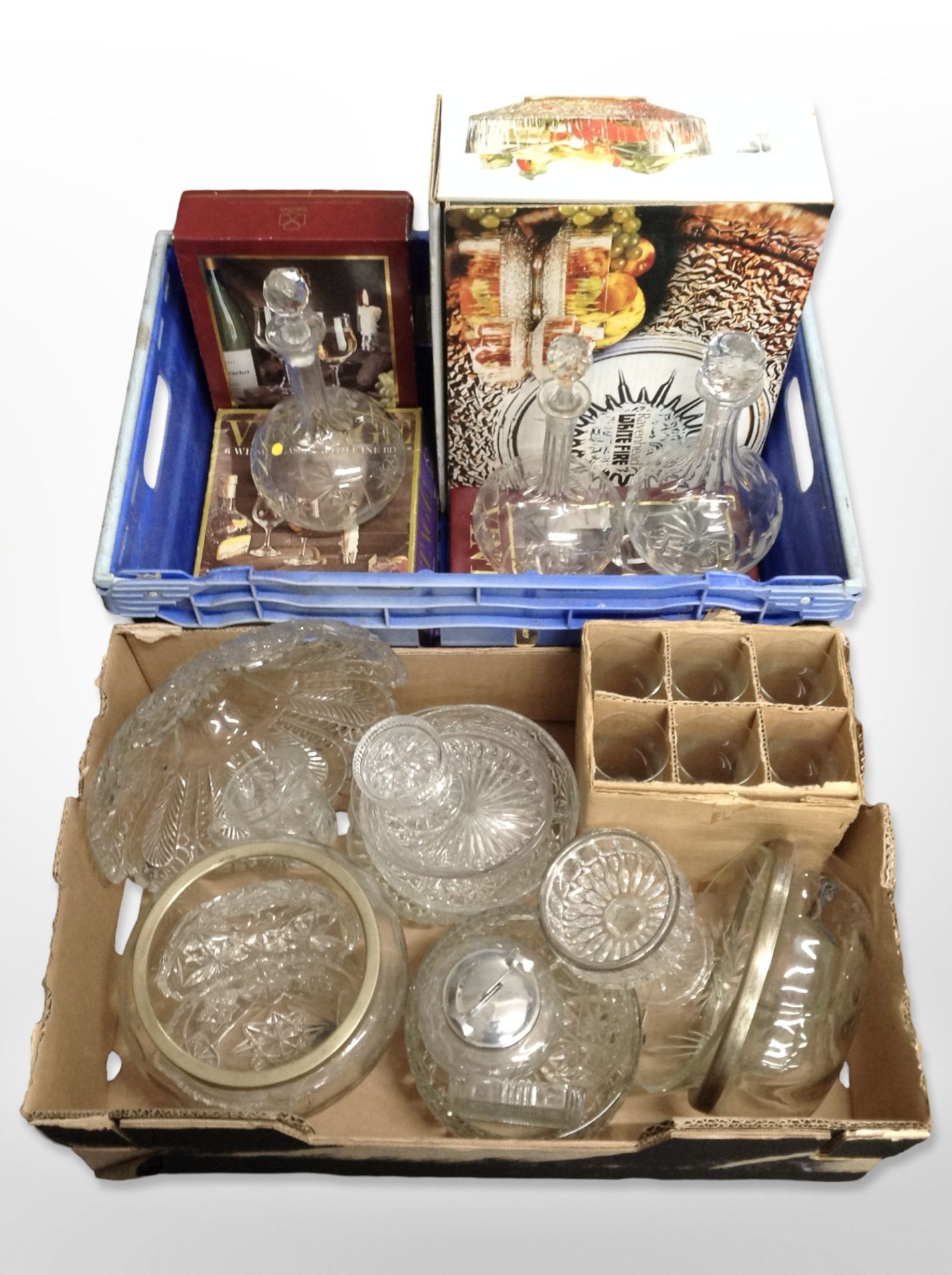 A group of 20th-century crystal including drinking glasses, decanters, fruit bowls,