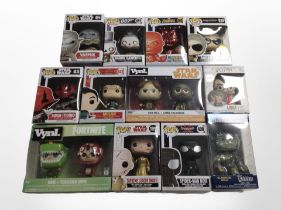 12 Funko figurines including Star Wars, Harry Potter, Fortnite etc., boxed.