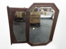An Edwardian carved oak octagonal overmantle mirror, a further mirror,