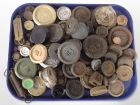 A large quantity of cast-iron weights of various sizes, Salter pocket scale, etc.