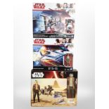 Three Hasbro Disney Star Wars models, Canto Bight Police Speeder, Resistance A-Wing Fighter,