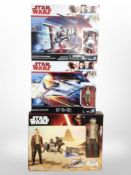 Three Hasbro Disney Star Wars models, Canto Bight Police Speeder, Resistance A-Wing Fighter,