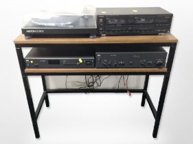 A metal and MDF two-tier stand width 92cm, with an Ariston Q Deck turntable,