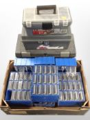 A group of work shop multi drawer plastic boxes and three further tools boxes and contents