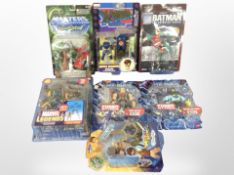 Seven Toy Biz Simba and Eaglemoss figurines including Marvel, DC, Matt Hatter, etc., all boxed.