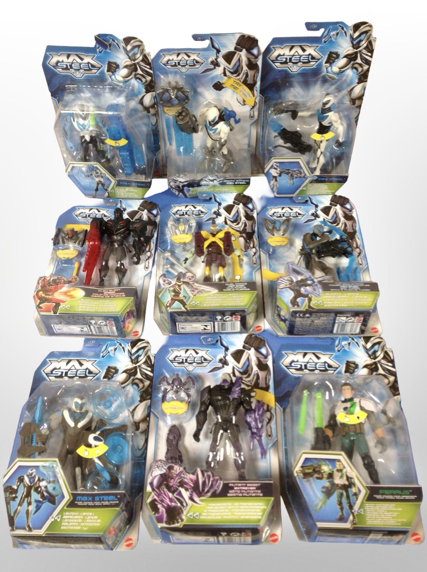 10 Mattel Max Steel figurines, boxed.