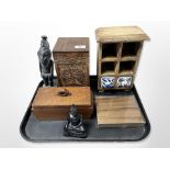 A collection of wooden items including tea caddy, carved figure, tribal style figure,
