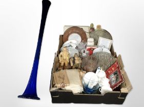 A blue yard of ale glass, together with assorted ceramics and glass wares, place mats,