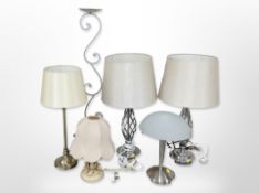 Five contemporary table lamps and a pricket candlestick,