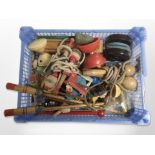 A group of vintage toys including skipping ropes, spinning tops,