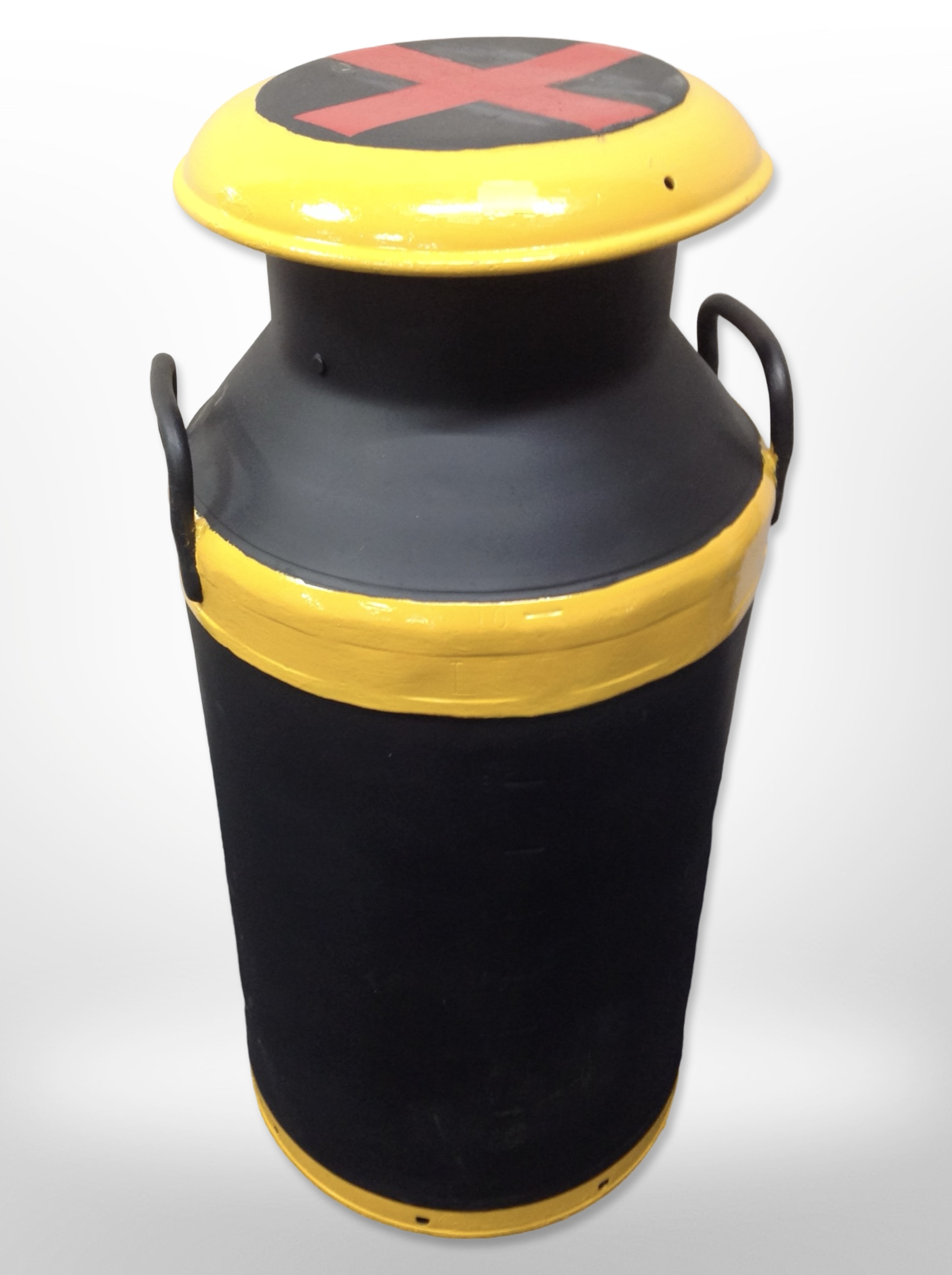 A painted metal milk churn, height 73cm.