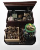 A collection of antique keys, jar containing a large quantity of glass beads,