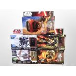 Five Hasbro Disney Star Wars figurines including Assault Walker, Elite Speeder Bike,