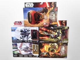 Five Hasbro Disney Star Wars figurines including Assault Walker, Elite Speeder Bike,
