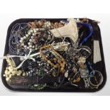 A group of costume beads and necklaces, ladies' and gents' wristwatches, hand fans, etc.