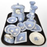 A group of Wedgwood blue and white Jasperware including quartz mantel timepiece,
