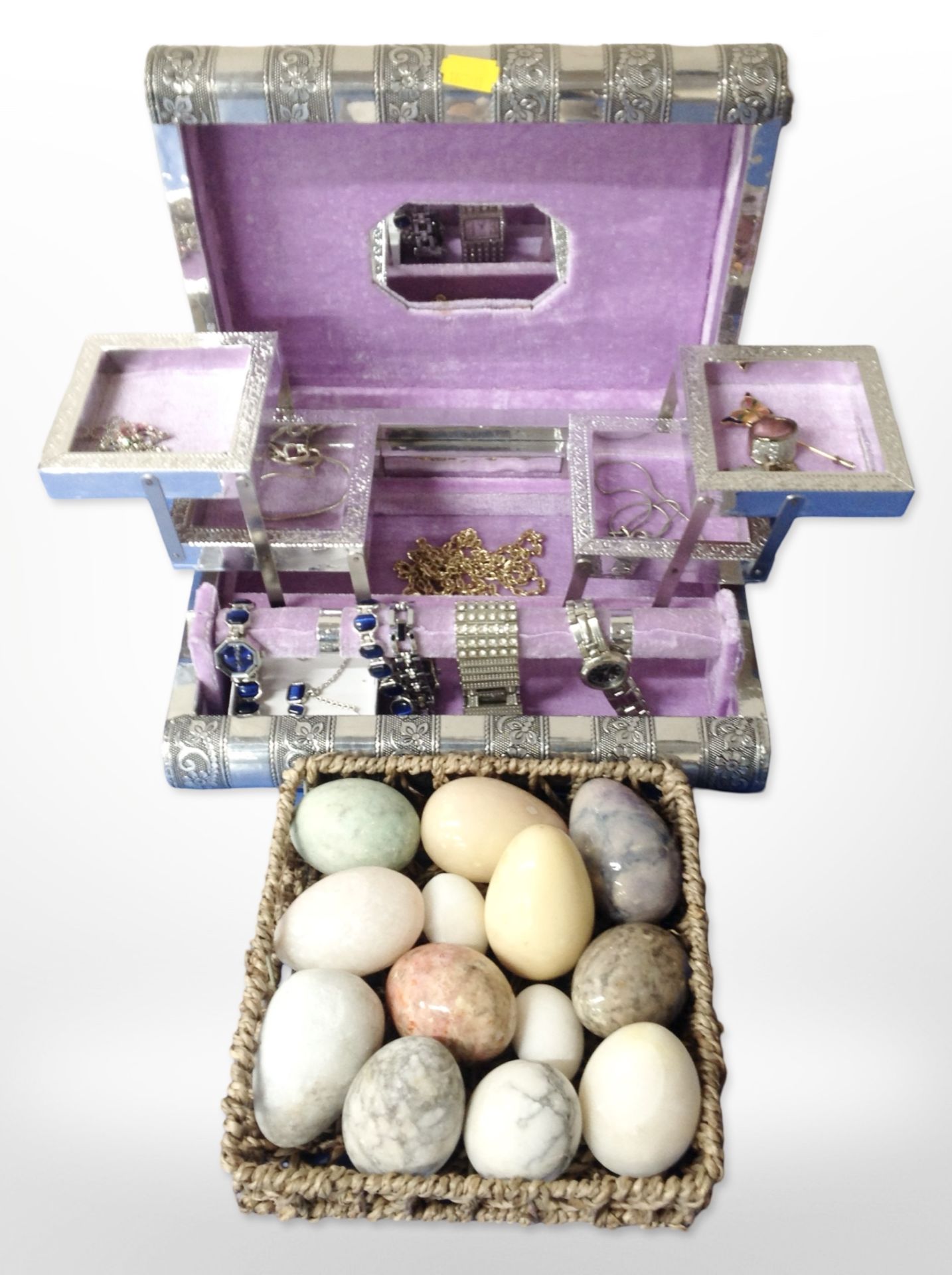 An ornate jewellery box and contents including necklaces, wristwatches, etc.