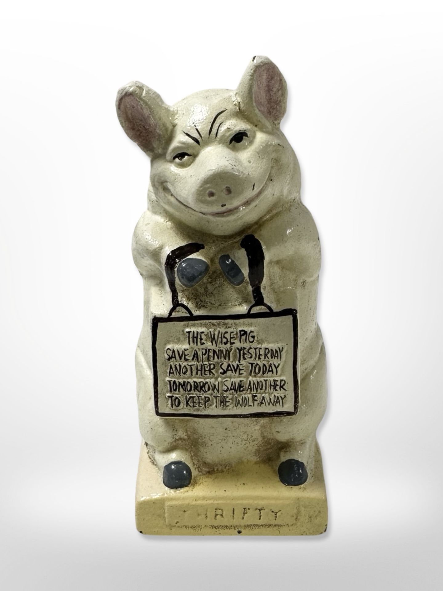 A vintage hand painted cast iron Hubley 'Thrifty' piggy bank, height 16 cm.