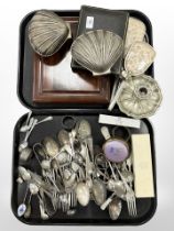 Two trays of antique and later cutlery, silver plated items,