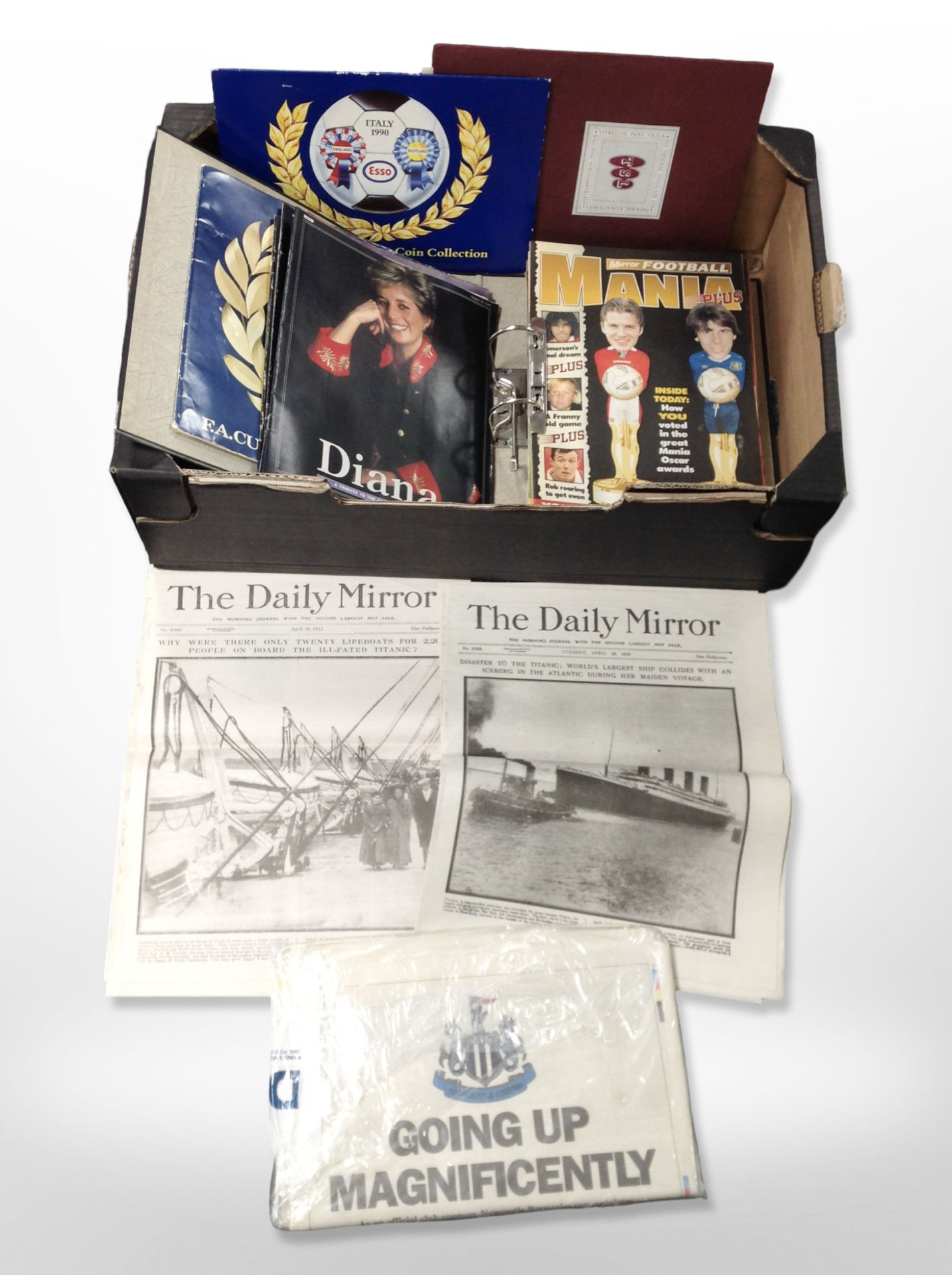 A collection of football ephemera including Daily Mirror Football Mania magazines, newspapers,