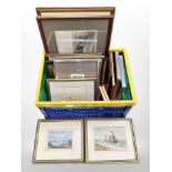 A group of pictures and prints, coastal watercolour and paintings, hand-coloured engravings.