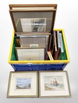 A group of pictures and prints, coastal watercolour and paintings, hand-coloured engravings.
