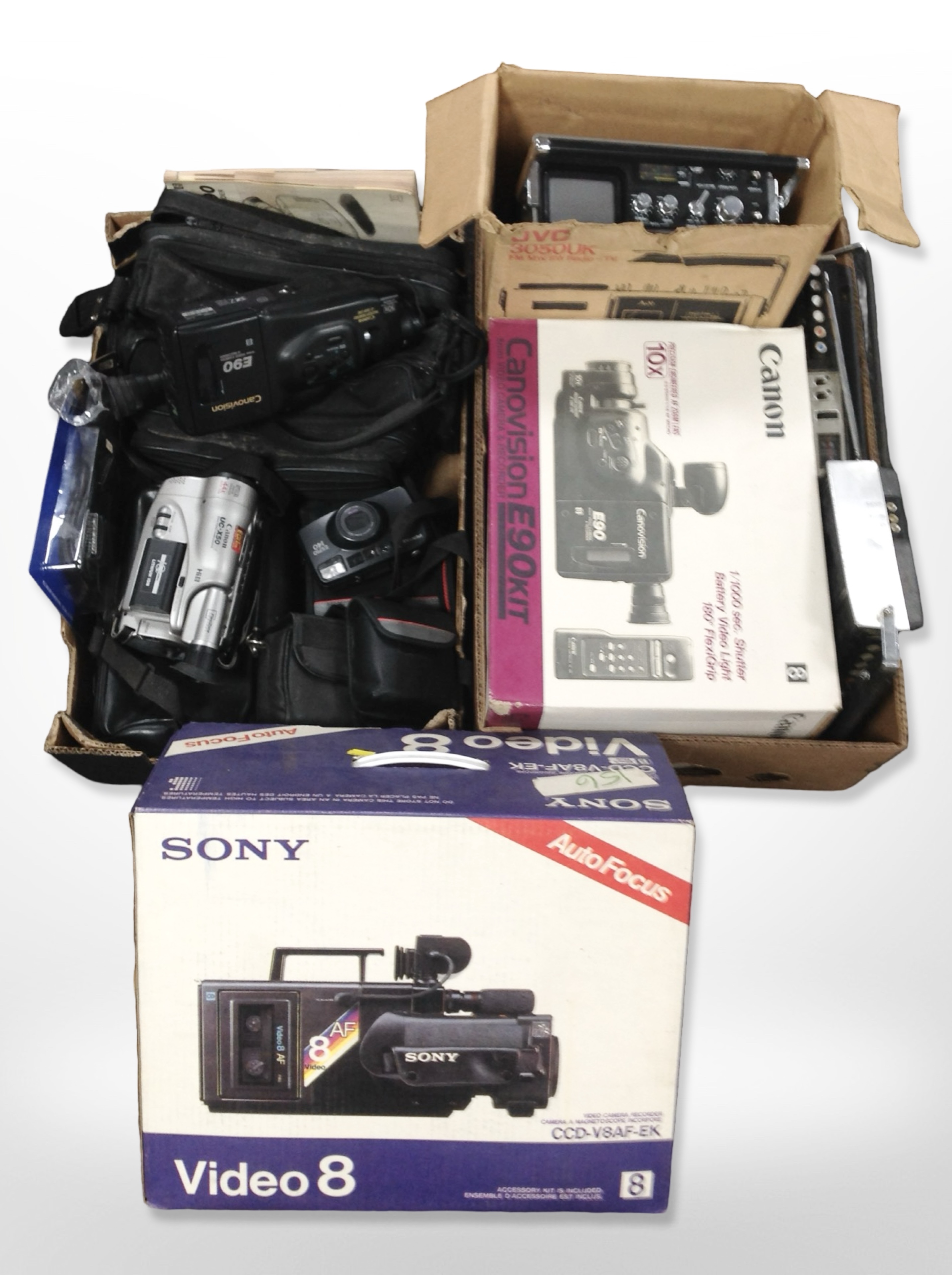 A group of video cameras including Canon, Sony, etc.