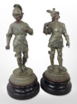 A pair of late-19th century French spelter figures of soldiers on turned plinths, height 34cm.