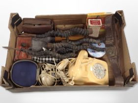 A vintage telephone, a Boys Brigade leather belt with clasp, folding pocket knife,