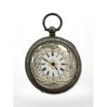 A Continental silver fob watch with enamel dial, diameter 3.5cm.