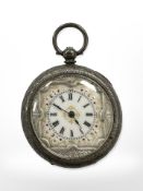 A Continental silver fob watch with enamel dial, diameter 3.5cm.