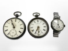 Two antique silver open face pocket watches, one signed Waltham,