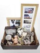 A group of Pendelfin, Willow Tree and other ornaments, framed photographs of Binns trams,