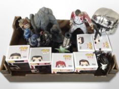 Six Funko Pop! figurines together with other toys including Halo, Star Wars, etc.