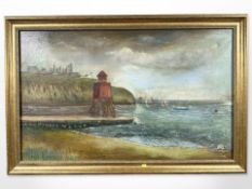 A Slater (20th century) : A lifeguard tower on a jetty with sailboats beyond, oil on canvas,