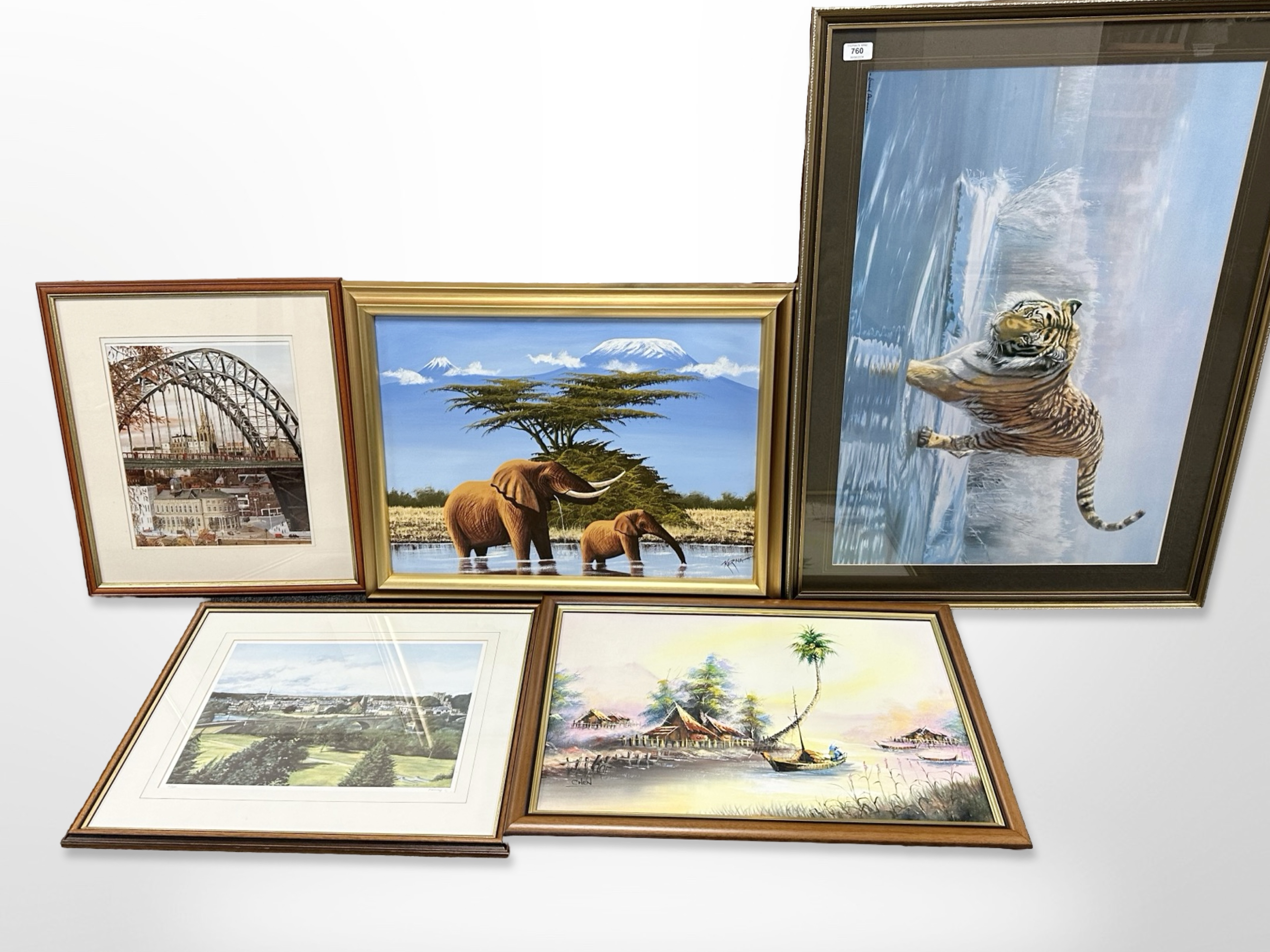 Five contemporary gilt framed oils and prints,