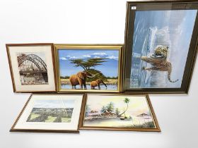 Five contemporary gilt framed oils and prints,