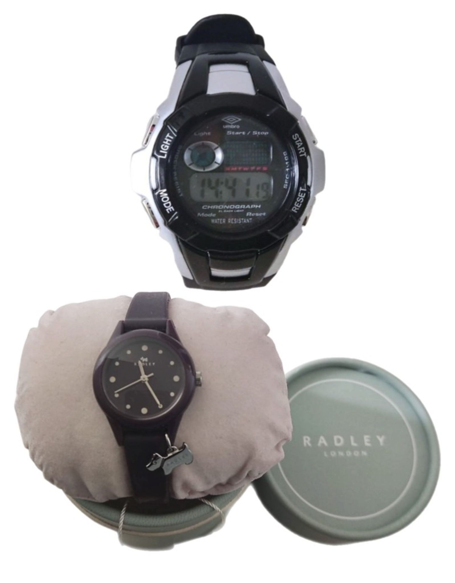 A Radley lady's boxed watch with battery, and an Umbro Mens sports watch with battery.