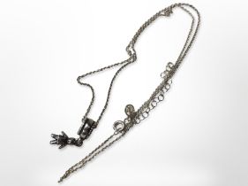 A Pandora silver doll charm pendant on chain.