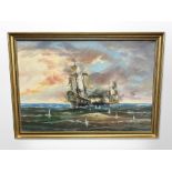 J Harvey (20th century): Battleships exchanging cannon fire, oil on canvas,
