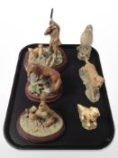 A Border Fine Arts figure group of a man and two gun dogs, and five other animal figures.