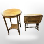 A late Victorian rosewood and satin wood inlaid Sutherland table and a further circular occasional