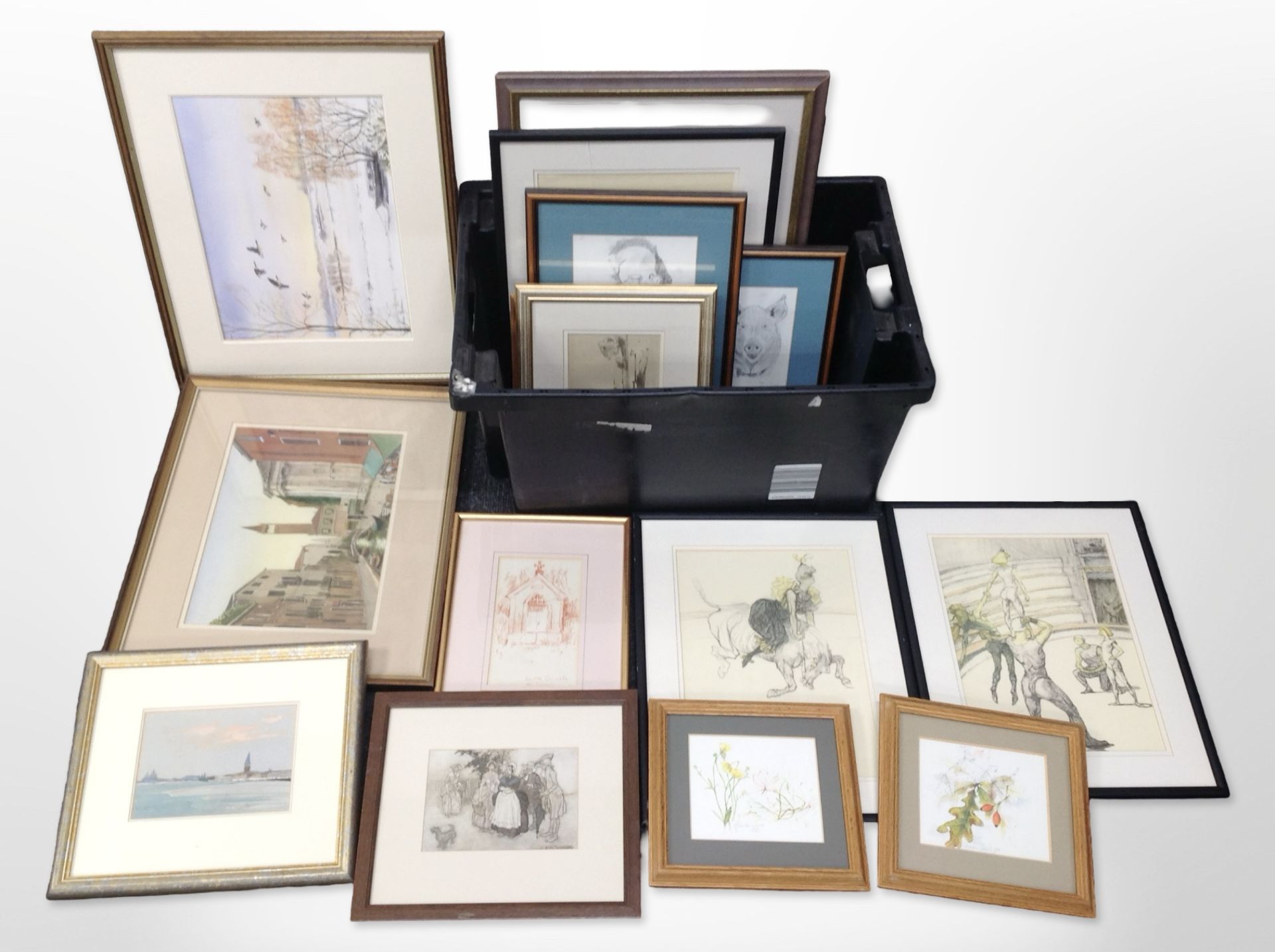 A group of pictures and prints, Alison Brown watercolour, etc.